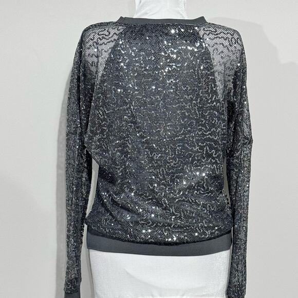 DKNY NWT Sequin Mesh Overlay Crewneck Top Gunmetal Grey Small Dolman Sleeves - Picture 6 of 16